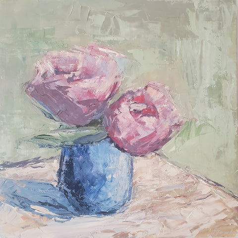 Two Peonies in Blue Vase