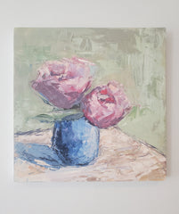 Two Peonies in Blue Vase