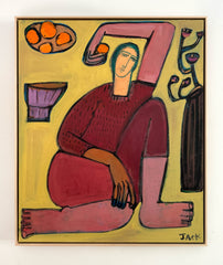 Woman, flower vase and bowl of oranges