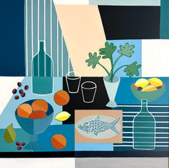 Table with Grapes, Fish and Oranges